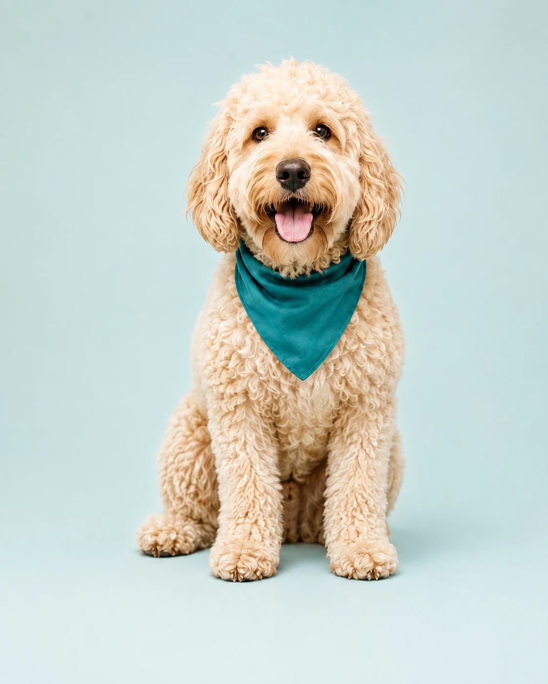 A cheerful cream-colored dog wearing a teal bandana